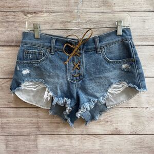 SINCERELY JULES JEAN CUTOFF JEAN SHORTS‎ WI LEATHER LACE UP FLY
